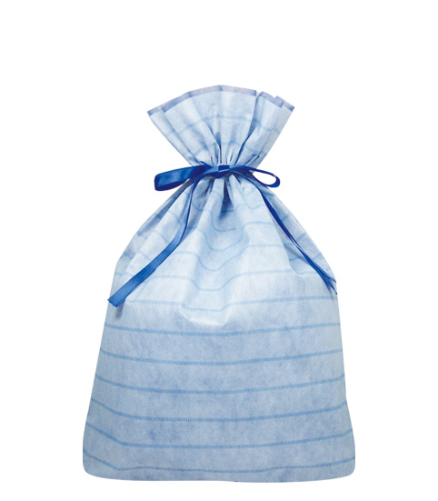 【楽天市場】（お徳用）不織布リボン付巾着袋（底マチ付）ボーダーLLブルー450幅×560高（420）【送料無料】：袋マルシェ