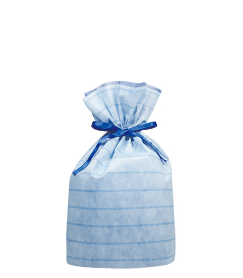 【楽天市場】（お徳用）不織布リボン付巾着袋（底マチ付）ボーダーLブルー310幅×430高（300）：袋マルシェ