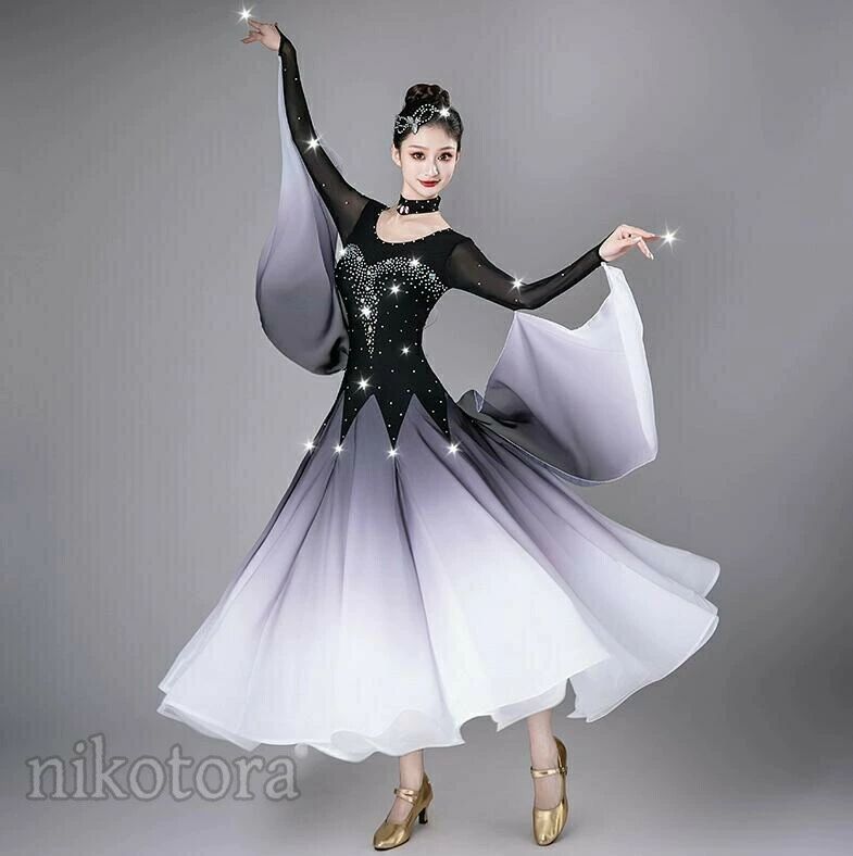 社交ダンス モダンドレス スタンダード レッスン着 練習着 長袖 初心者 社交ダンス衣装 ワンピース ワルツ タンゴ サンバ 社交ダンス ラテンドレス 大きい裾 エレガント 上品 女性 ダンスウェア 競技着 演出用 イベント服 ダンス発表会 ステージ衣装 グレー 赤色 紫