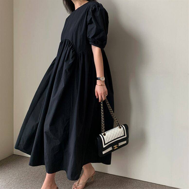 3color レディース パフスリーブハイウエスト切替フレアワンピース ボリュームスリーブロングワンピース ワンピース ドレス dress シャツワンピース フレアワンピース ロングドレス ミモレ ロング丈 マキシ 半袖 ボリューム袖 パフスリーブ