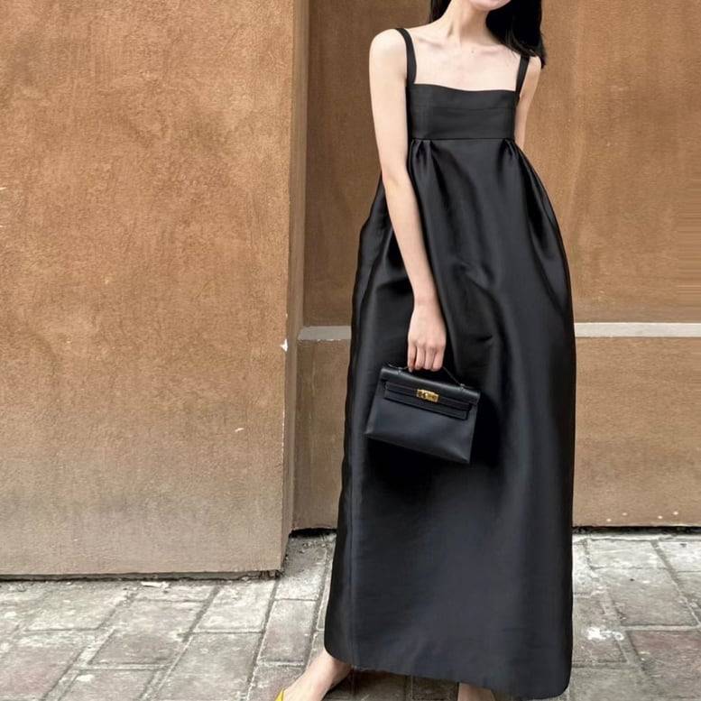 レディース 衣装 ロングキャミワンピース ハイウエストワンピース ノースリーブ ロング丈 マキシ御召しもの 光輝 とろみ 繻子 無地