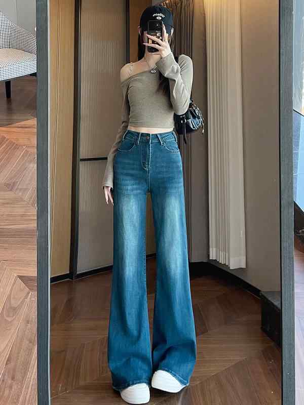 レディース デニムパンツ ライトブルー ハイウエスト フレア 小柄対応 スリムライン ノンスキニー 春秋 カジュアル 普段使い ストレッチ 快適 デニム素材 ワイドレッグ