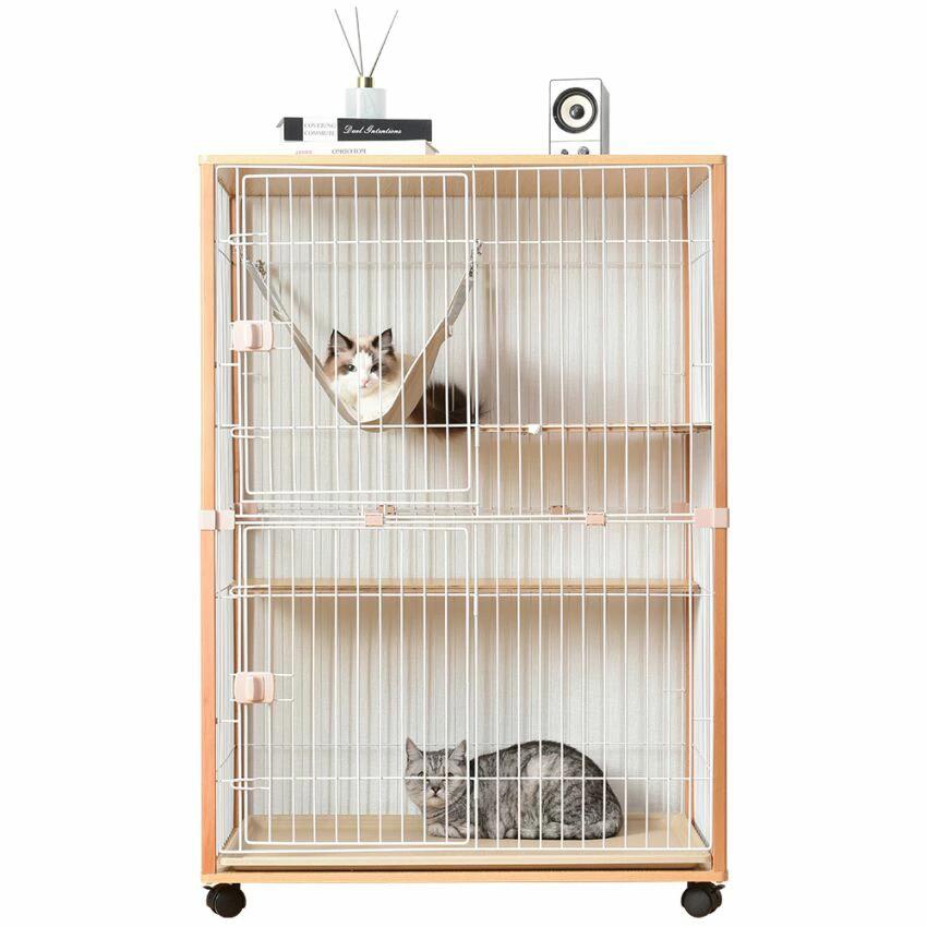 猫 伏せ篭 キャットケージ 木製枠組み ハンモック付 広々 2段 猫 キャスター付 猫ゲージ 今めかしい キャットハウス 猫 棲み家 多段 留守番 防御すること 逃げ失せる押しとどめる 多頭飼い キャットハウス 愛玩動物装置 猫装置 スチール写真 愛玩動物伏せ篭 自然的 精神的な統合飾り気のない