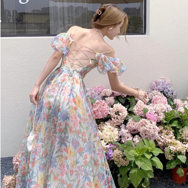 ワンピース レディース 花柄オフショルダーロングキャミワンピース バックレースアップ パステルフラワーシフォンドレス バルーンスリーブ プリンセス サマードレス 大人可愛い 韓国 人気 トレンド 新作 20代 30代 40代 海 バケーション きれいめ お出かけ デート おしゃれ 5,830円