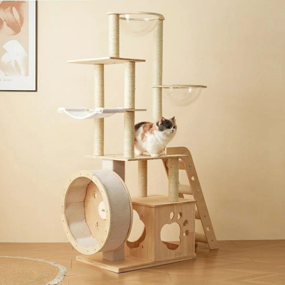 頑丈 おしゃれ 運動不足解消 高い安定性 ペット用品 大型猫 子猫 可愛い 木製 爪とぎポール 上り下りしやすい 高さ165.5cm ネコタワー 宇宙船 多頭飼い ランニングホイール付き 据え置き キャットツリー 猫タワー キャットタワー