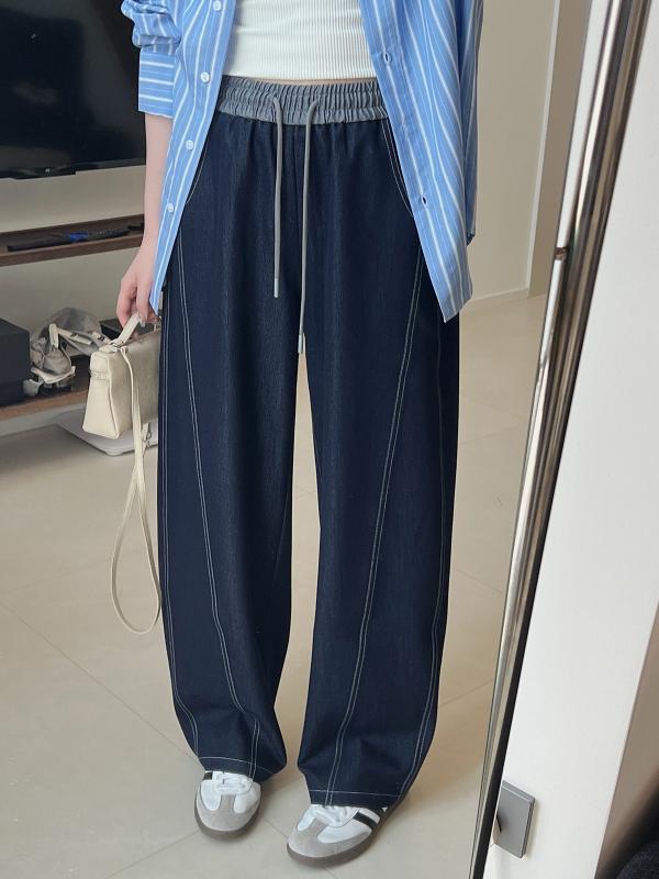 秋 デニムパンツ レトロ ブルー シンプル ゆったり ハイウエスト ワイドレッグ ロング カジュアル トレンド 伸縮性 ゴムウエスト 普段使い|ふくろうの森店