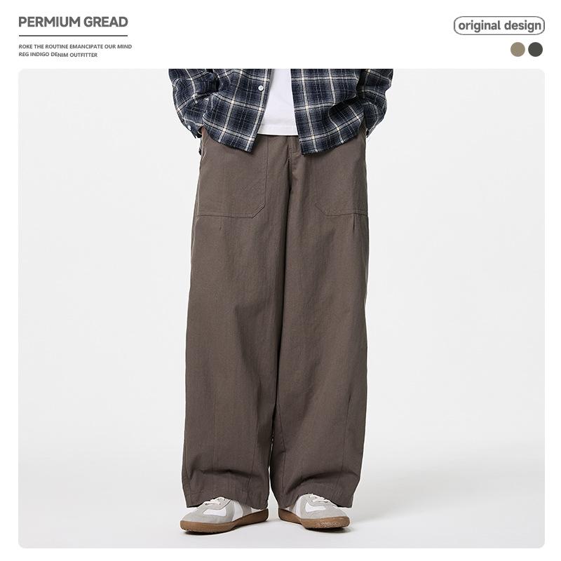 メンズ 春 ワイドレッグパンツ カーキ レトロ ゆったり ストレート ドレープ感 ワークパンツ パッチポケット カジュアル コットン混 軽量 通勤 普段使い