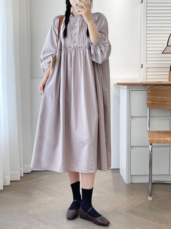 レディース ワンピース かわいい 日系 丸首 長袖 プリーツ 綿素材 ゆったり ロング丈 無地 普段使い 軽量 ビッグシルエット