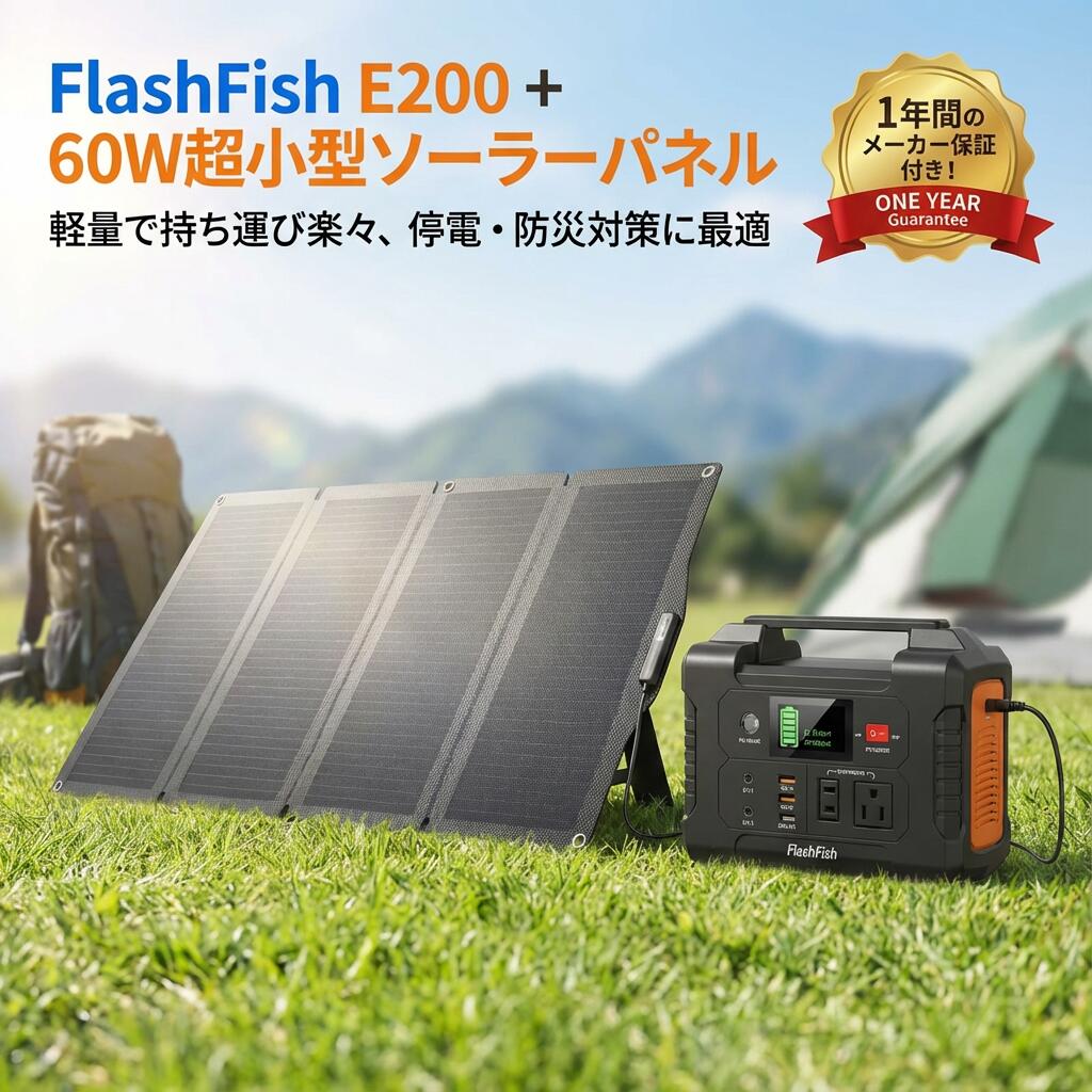 【1年保証付き★FlashFish★送料無料】【お得なセット】FlashFish ポータブル電源 E200 & 60W ソーラーパネル セット 40800mAh/151Wh AC(200W) 太陽光発電 ソーラーチャージャー 折りたたみ式 薄型 超小型 軽量 急速充電 防災グッズ 停電対策 地震 台風 車中泊 キャンプ