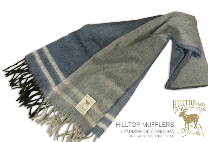 HILLTOP / ヒルトップ マフラー LAMBSWOOL & ANGORA MUFFLERS FAH 03682 DENIM ICEBERG ( インディゴ&times;ライトグレー切り替えにオフホワイトボーダー ) 【楽ギフ_包装】｜トラッド ハウス フクスミ