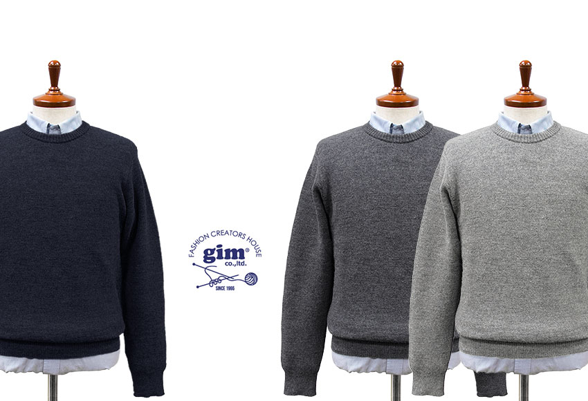 ■ gim / ジム ニットセーター クルーネック 片畦編み 10G / 10ゲージ 英国羊毛 混ウール [ 日本製 ] [ 24501060 ][ gim199 gim200 gim201 ]