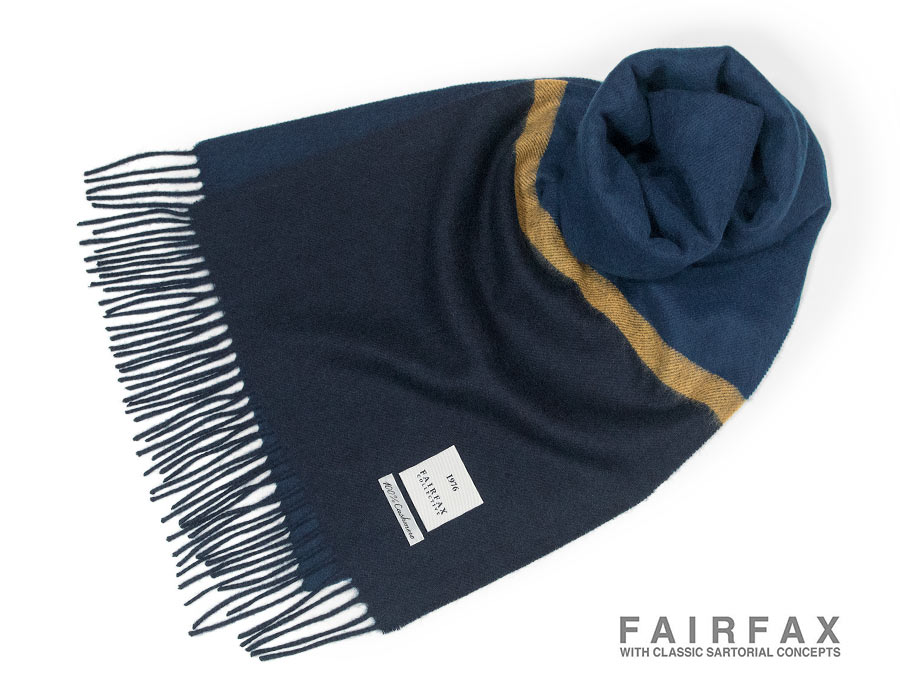 FAIRFAX / フェアファクス カシミヤマフラー FMM-40 ( 濃紺/ダークブルー/イエロー切り替え ) 【楽ギフ_包装】【対応】|トラッド ハウス フクスミ
