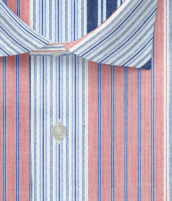 オリジナルオーダーシャツ●FM12922 ［Crazy Stripe Seersucker］白×ブルー×レッドのパッチワーク風ストライプ柄 シアサッカー 50番手単糸　100%cotton