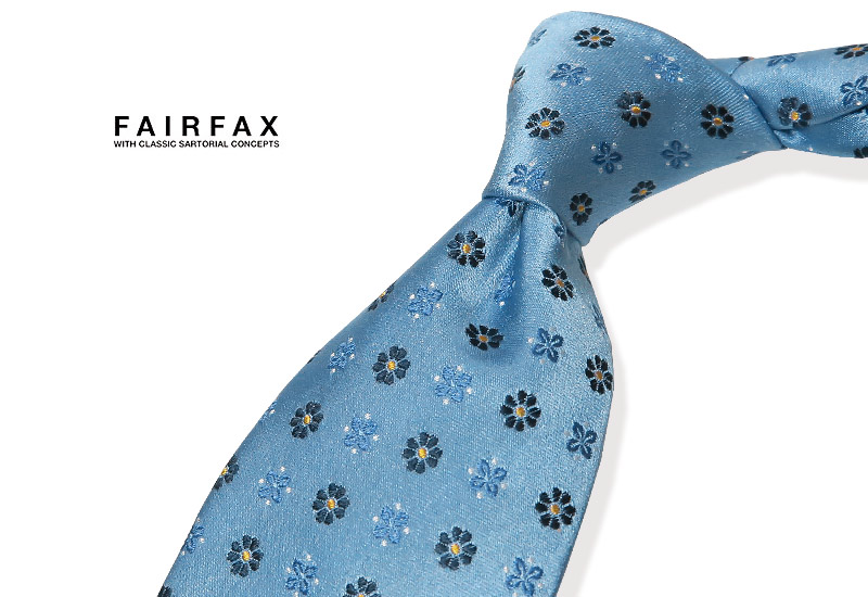 TRAD SALE！【 FAIRFAX フェアファクス 】小紋 ○サックスブルー地にロイヤルブルー×ネイビー×イエローの小花柄小紋/  ネクタイ FAK-982 【送料無料】【楽ギフ_包装】【あす楽対応】 トラッド ハウス フクスミ