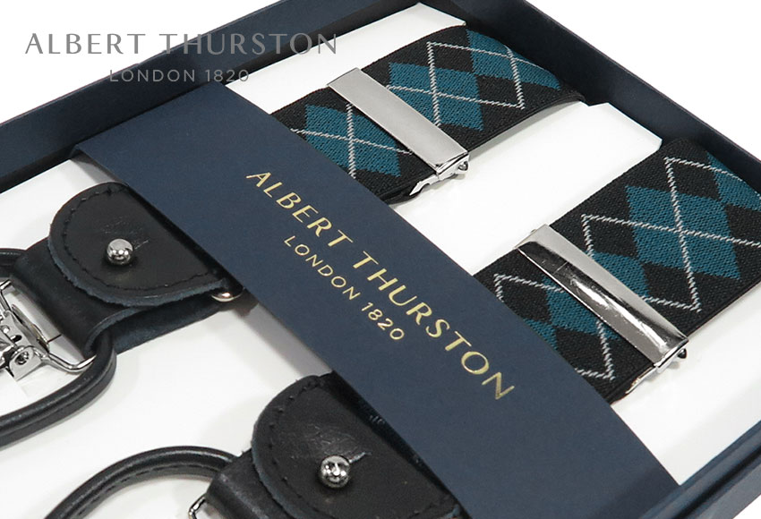 ■TRAD SALE！【日本正規輸入代理店商品】[ ALBERT THURSTON / アルバートサーストン サスペンダー ] 帯幅35mm / サスペンダー ( ブラック地にマリンブルー&times;オフホワイトのアーガイルチェック柄 ) AL-414 ( メンズ )｜トラッド ハウス フクスミ