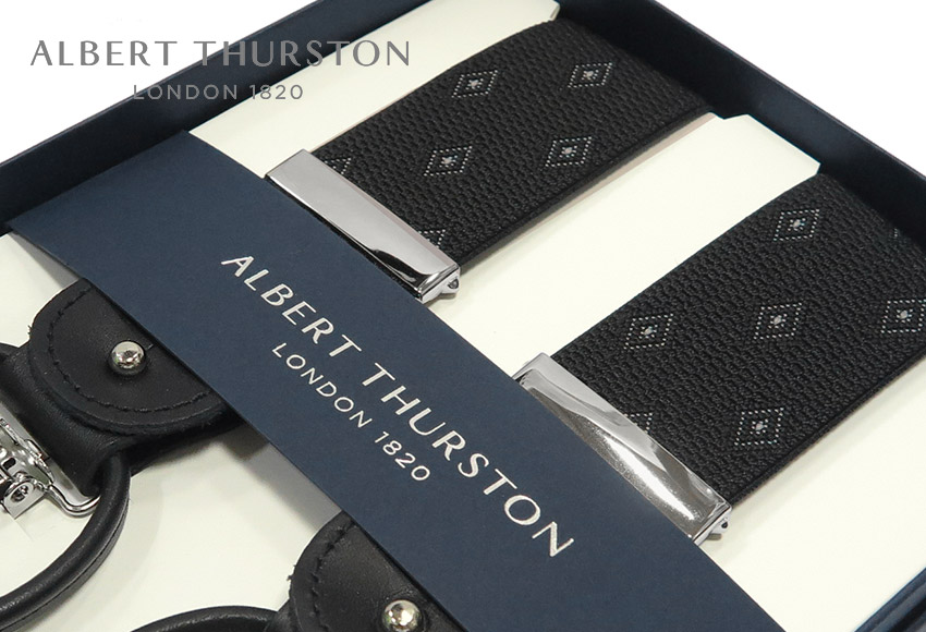 【日本正規輸入代理店商品】 [ ALBERT THURSTON / アルバートサーストン サスペンダー ] 帯幅35mm / サスペンダー ( ブラック織り柄地にグレー系のダイヤ小紋柄 ) ALG-104( メンズ / ユニセックス ) 【楽ギフ_包装】
