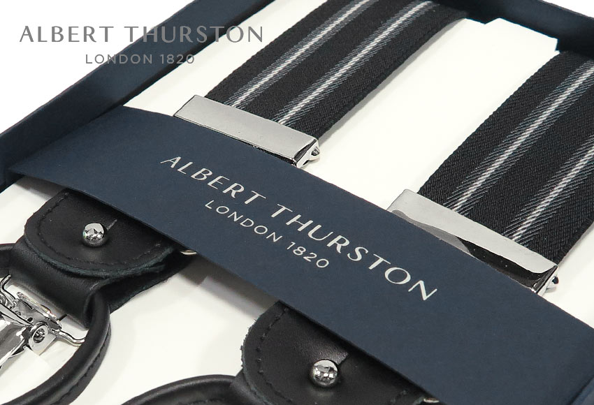 【日本定まりインポート代わりになる店商いもの】[ ALBERT THURSTON / アルバートサーストン ズボン吊り ] 帯幅35粍  / ズボン吊り  (黒いこと地に暗灰色薄墨色×象牙色の縞模様柄  ) ALS-80( メンズ ) 【楽ギフ_荷拵え】【相応う】