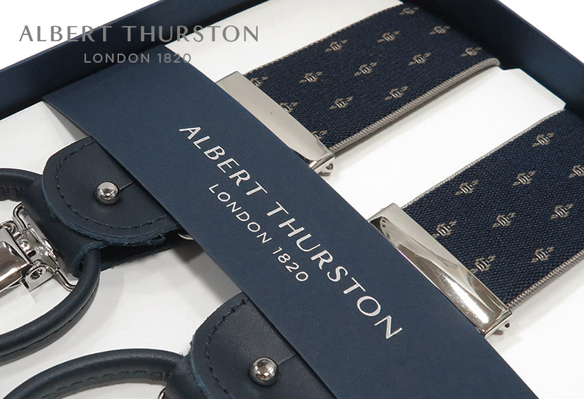 ■TRAD SALE！【日本正規輸入代理店商品】[ ALBERT THURSTON / アルバートサーストン サスペンダー ] 帯幅35mm / サスペンダー ( 濃紺地にブラウンオーカー系小紋 ) ALG-10 ( メンズ / ユニセックス ) 【楽ギフ_包装】｜トラッド ハウス フクスミ