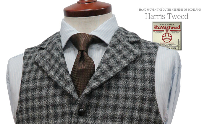 Harris Tweed チェック柄ベスト 100%ウール HARRIS TWEED ハリスツイード ベスト ジレ Harris Tweed ウール