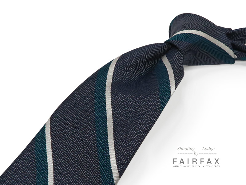 ■TRAD SALE！FAIRFAX フェアファクス ネクタイ PO-FS469グレー系地にダークグリーン系ヘリンボーンxオフホワイトのストライプレジメンタルタイ【楽ギフ_包装】｜トラッド ハウス フクスミ