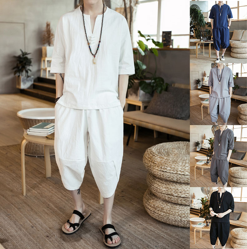 半袖tシャツ 部屋着セットメンズ 7分丈 シャツ ショートパンツ 亜麻製シャツ 5色パジャマ２点セット 寝巻き リネシャツ Vネック ズボン 短パン スウェット 男 Tシャツ トップス 夏服 送料無料 お得な情報満載