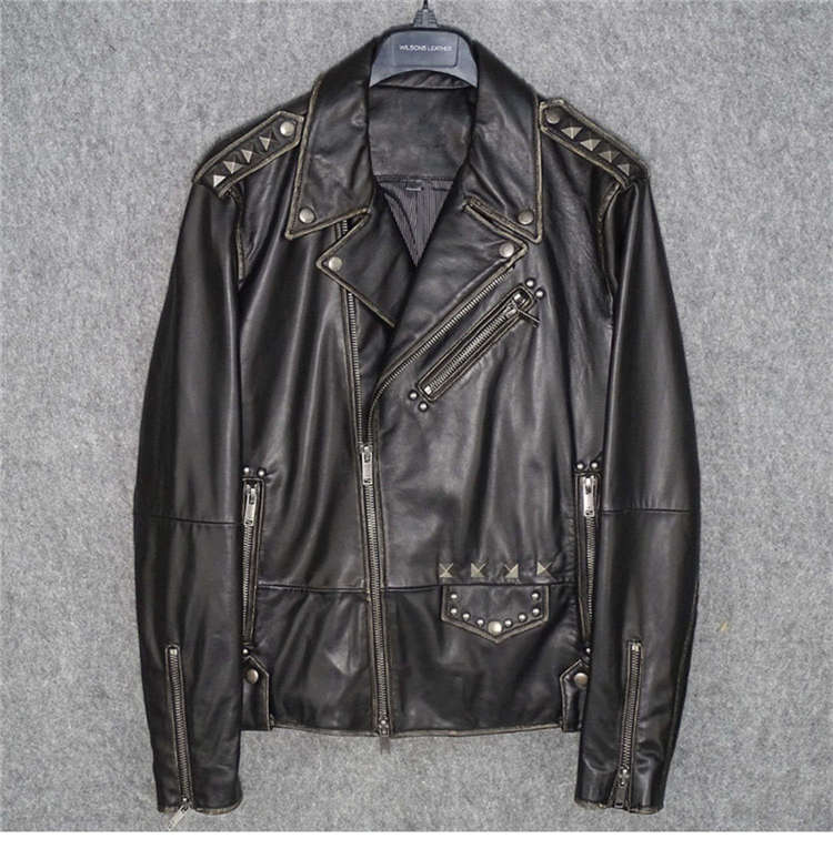 レザージャケット メンズ レザーベスト リベット付き ビンテージ風 羊革 バイクジャケット 本革 無地 ライダースジャケット 秋冬用 防風耐磨 ファスナー開き 革ジャン ブルゾン 送料無料