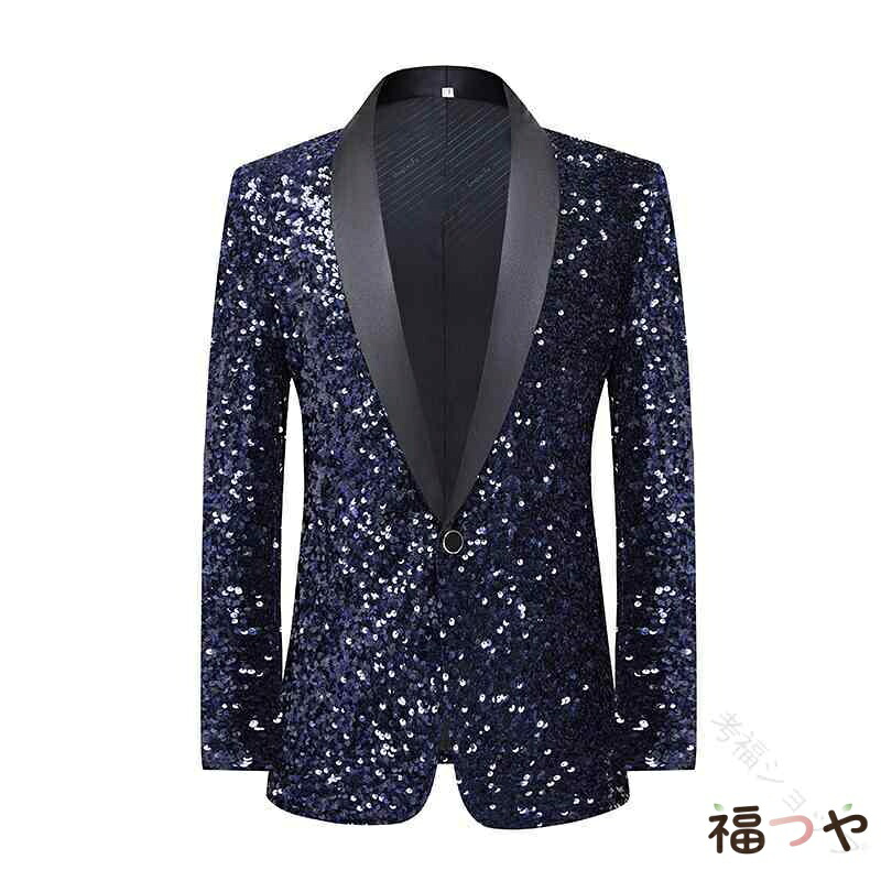 ステージ ジャケット メンズ 男性用 スリムフィット ネイビー 紺 スパンコール キラキラ 光沢 変色 華やか 舞台 演出 DJ ライブ 歌手 司会者 ナイトクラブ バー パーティー イベント 衣装 フォーマル