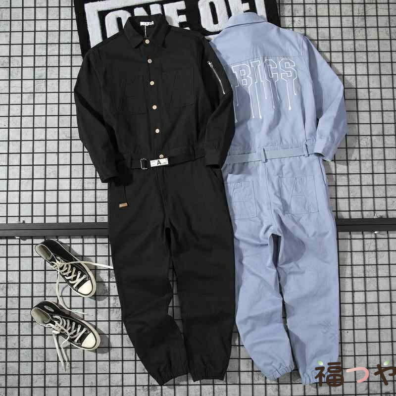 つなぎ おしゃれ 作業着 メンズ ユニセックス 春夏秋冬 コットン 長袖 ポロ襟 シングルブレスト ジョガーパンツ オーバーオール ストリート カジュアル ワークウェアー ゆったりフィット