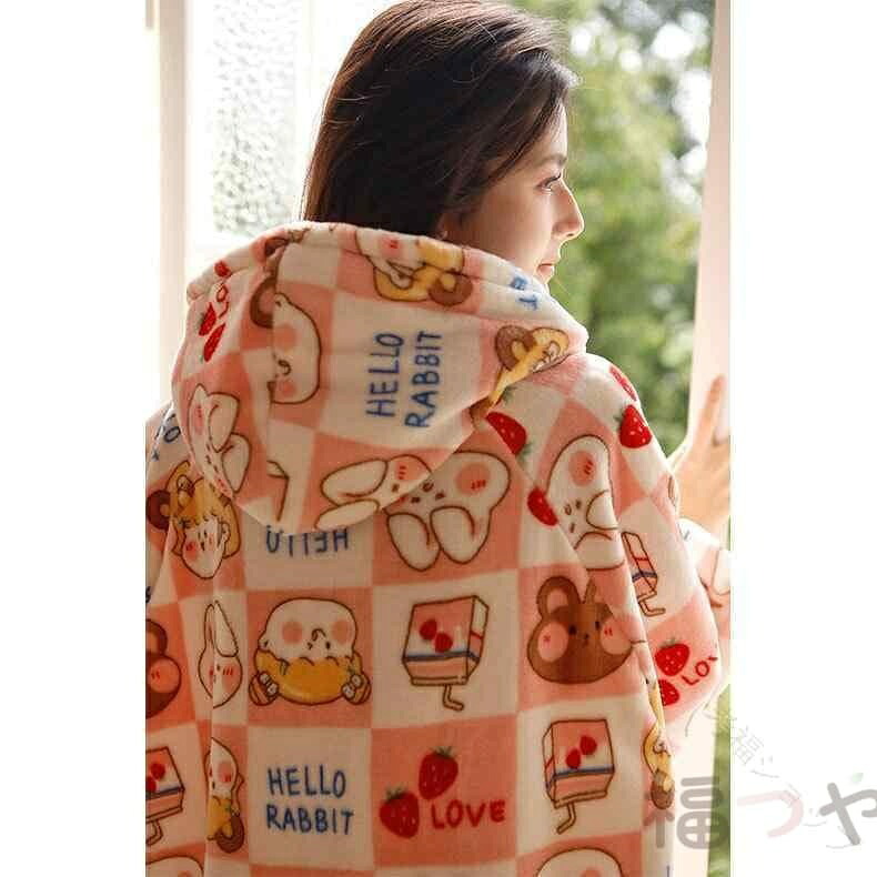 レディース お部屋お召しもの 秋冬 もこもこ 朦々たる フリース 裏起毛 ボンネット付き添い人 綿ネル サクラ色 毛の荒物柄 バスローブ 化粧着 お部屋着 パジャマ 保温 愛くるしげ