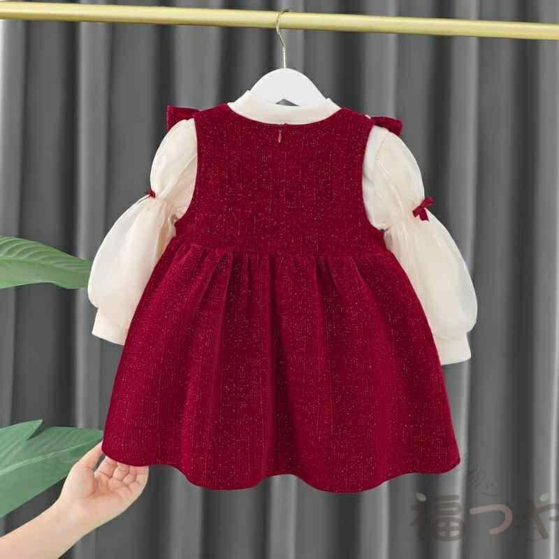 キッズ ファッション 女の子 かわいい おしゃれ 韓国 子供服 プリンセス ドレス セット ベビー 2点 ワンピース リボン フリル レース 高級 春秋 発表会 結婚式 ガーリー