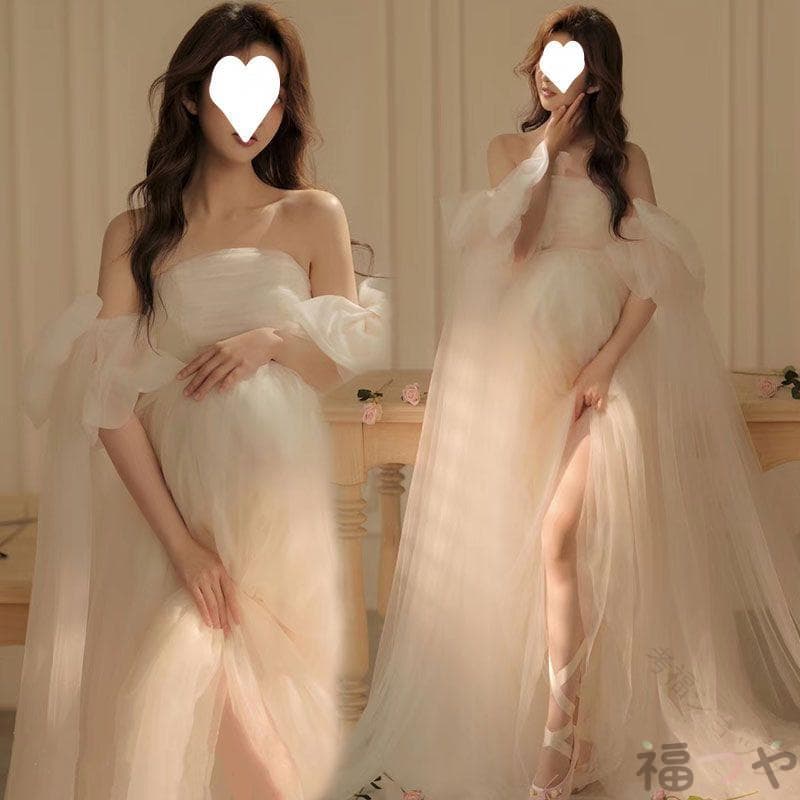 マタニティ フォト ドレス 妊婦 撮影用 ウェディング ドレス ロング ワンピース チュール 花びら スリーブ 九分袖 妖精 風 フェアリー スタイル アート フリー サイズ アセテート 繊維