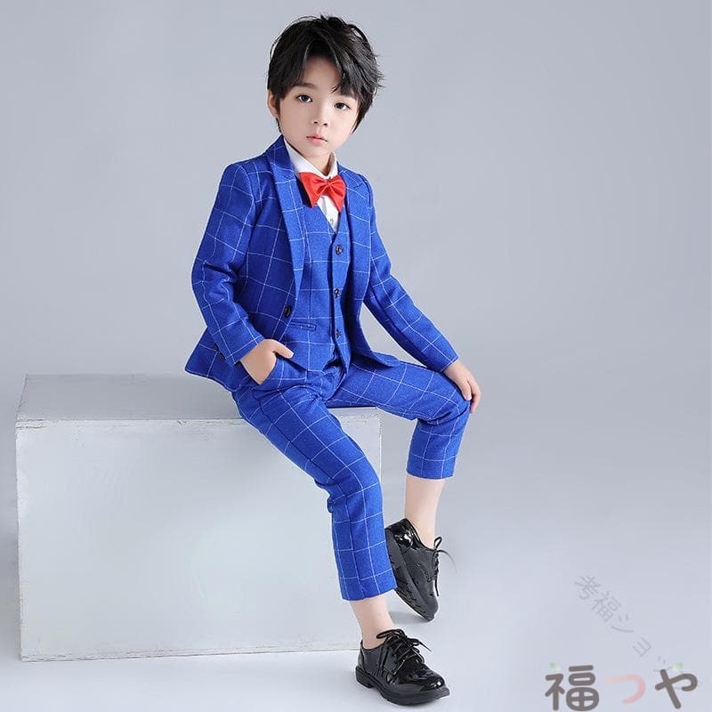 スーツ 男の子 男児 キッズ 韓国風 チェック柄 スリーピース 3点セット ジャケット ベスト ロングパンツ フォーマル 礼服 衣装 春秋冬 発表会 結婚式 卒業式 入学式 七五三 舞台 セレモニー イベント ポリエステル素材