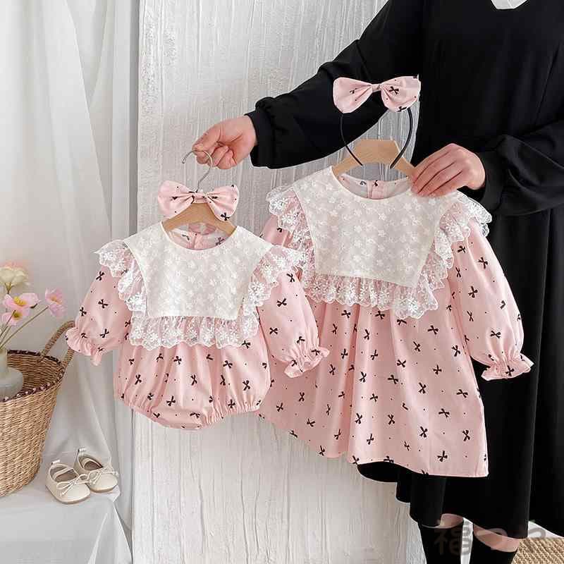 ロンパース お嬢さん ベビー服 乳幼児服 長袖 シュロの葉 夢見鳥柄 取りまかなう櫂 衣裳 姉妹コーデ お一揃い リンクコーデ 普段使い走り 綿 綿織物 歳月