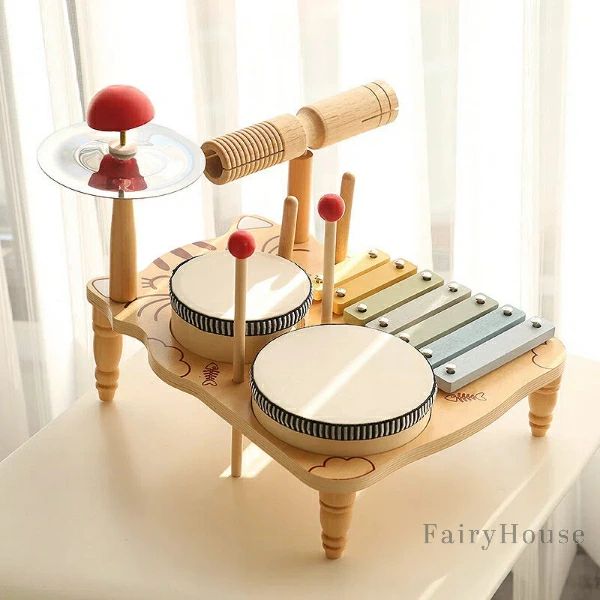 木製 子ども用 打楽器 セット｜オルフ教育 対応 音楽おもちゃ ｜ 木琴 太鼓 カスタネット 多機能 音楽ステージ｜ 知育玩具 誕生日プレゼント 室内遊び