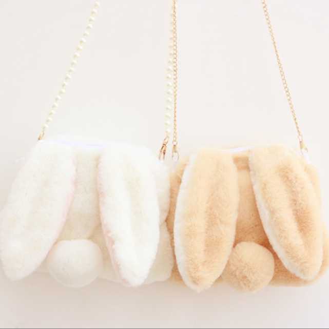 夢かわ ミニバッグ ポシェット うさぎ ふわふわ もこもこ ポーチ 耳 チェーン ラビット 斜め掛け 小物入れ キュート パールチェーン ゴールドチェーン かわいい プレゼント