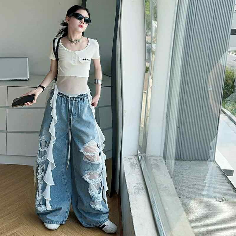 デニム パンツ キッズ 女の子 ストリートダンス ジャズ ダンス 衣装 ヒップホップ ダメージ加工 クラッシュ パッチワーク ワッペン ロングパンツ カジュアル 夏 薄手 トレンド ファッション ジュニア 普段使い