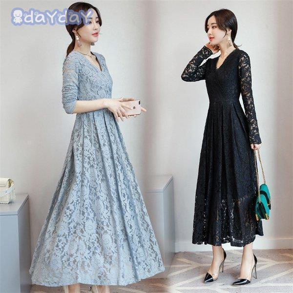 楽天市場】レースワンピース Vネック ロングワンピース 総レース 長袖