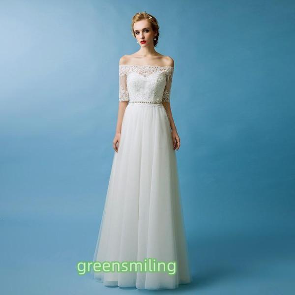 ウェディングドレス ファスナー 結婚式 aライン ウエディングドレス 二次会 花嫁 挙式 披露宴 ブライダル ロングドレス 白 シンプル 半袖 オフショルダー