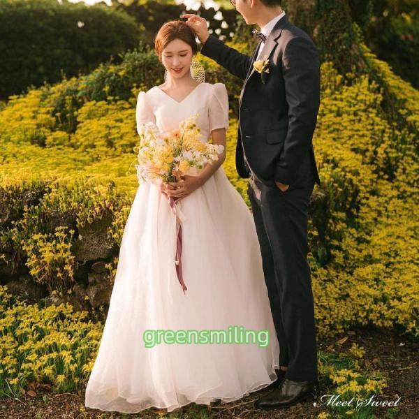 ウェディングドレス ロングドレス Aラインドレス 半袖 Vネック 二次会 結婚式 前撮り 後撮り ブライダル 花嫁 ワンピース 韓国風 ウエディングドレス