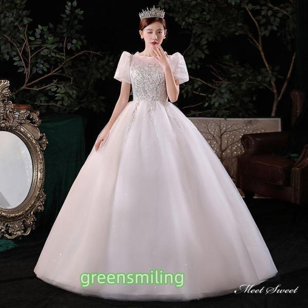 ウェディングドレス ロングドレス プリンセスラインドレス 半袖 パフスリーブ 二次会 結婚式 前撮り 花嫁 ウエディングドレス チュール 挙式 ブライダル