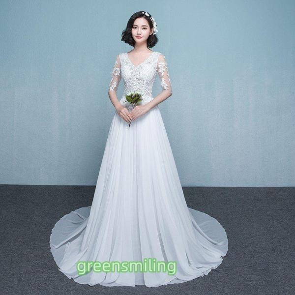 ウエディングドレス aライン 白 袖あり 格安 ウェディングドレス 花嫁 結婚式 ブライダル パーティードレス 二次会 ブライダル ロングドレス イブニングドレス｜福和貿易　第二店
