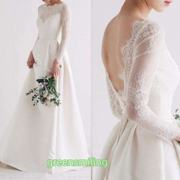 ウェディングドレス ロングドレス Aラインドレス サテン レース 長袖 バックレス 編み上げ 二次会 結婚式 前撮り ブライダル 花嫁 ウエディングドレス