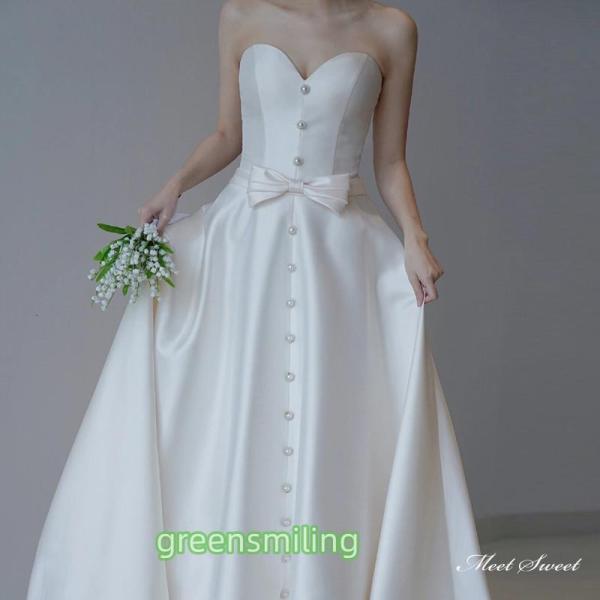 ウェディングドレス ロングドレス スレンダーライン Aラインドレス ベアトップ パールボタン 二次会 結婚式 前撮り 花嫁 ウエディングドレス ブライダル
