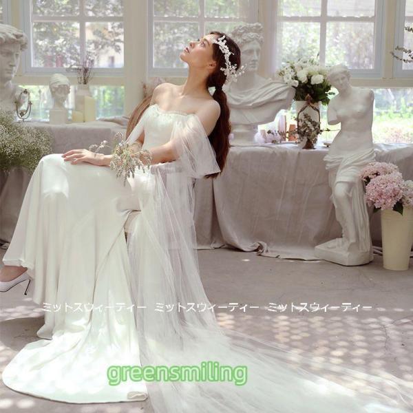 ウェディングドレス 花嫁 二次会 ウエディングドレス 結婚式 前撮り 披露宴 リゾート スレンダーライン サテン チュール オフショルダー 白 ハネムーンフォト