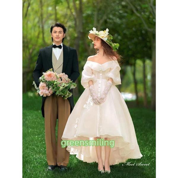 ウェディングドレス フィッシュテールドレス 前短後長ドレス オフショルダー オーガンジー 二次会 結婚式 前撮り ブライダル 花嫁 ウエディングドレス