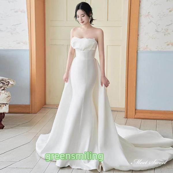 ウェディングドレス ウエディングドレス ロングドレス 二次会 結婚式 前撮り ブライダル 花嫁 ビスチェ マーメイドドレス トレーン ベアトップ サテン