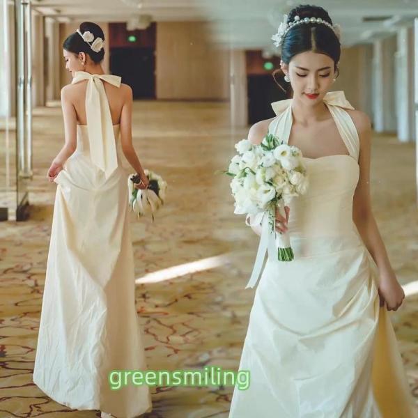 ウェディングドレス ウエディングドレス 結婚式 二次会 花嫁 披露宴 前撮り スリット サテン ホルターネック リボン オフホワイト ボレロ ノースリーブ おしゃれ|福和貿易 第二店