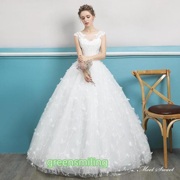 ウェディングドレス ロングドレス プリンセスラインドレス フレンチスリーブ 二次会 結婚式 前撮り 花嫁 ウエディングドレス チュール 挙式 ブライダル