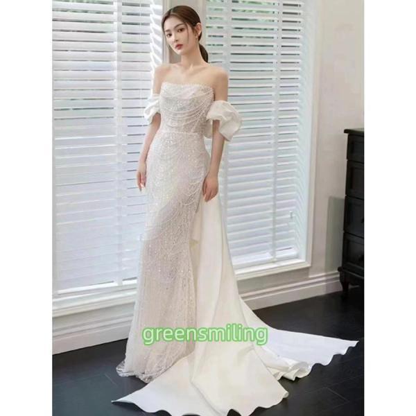 ウェディングドレス ウエディングドレス ロングドレス 二次会 結婚式 前撮り ブライダル 花嫁 マーメイドドレス ビスチェ 後ろリボン トレーン パール