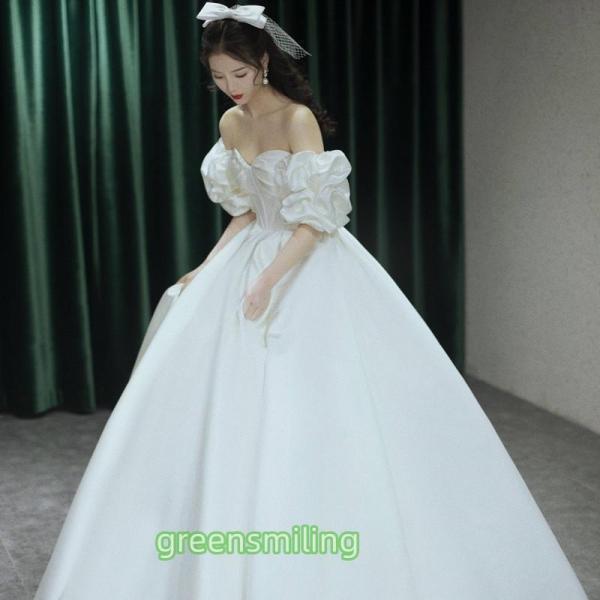 ウェディングドレス 二次会 結婚式 パフスリーブ ブライダル サテン オフショルダー 前撮り 花嫁 リゾートウェディング 記念撮影 プリンセス 誕生日パーティー
